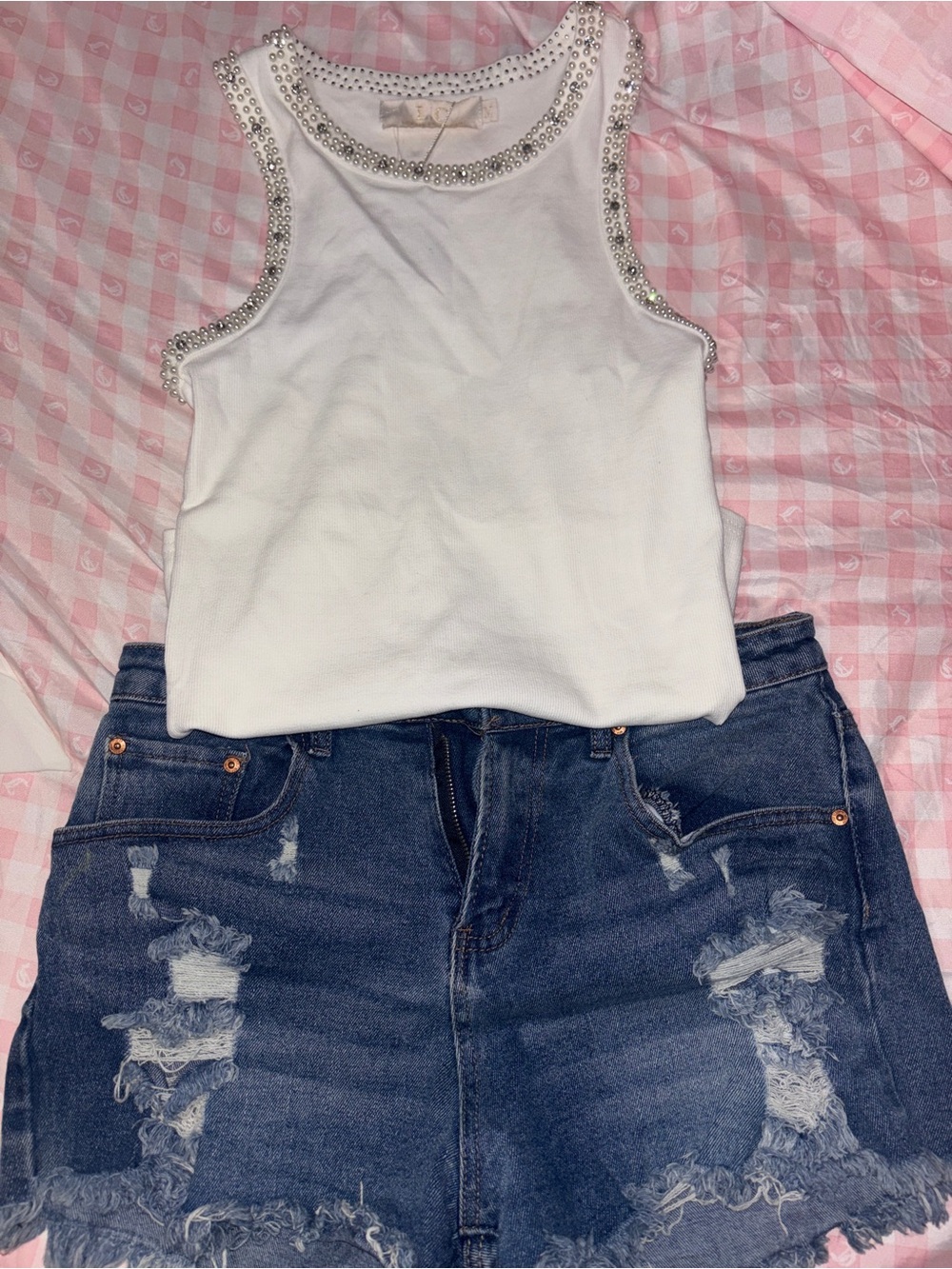 White Tank Top with Rhinestone Trim